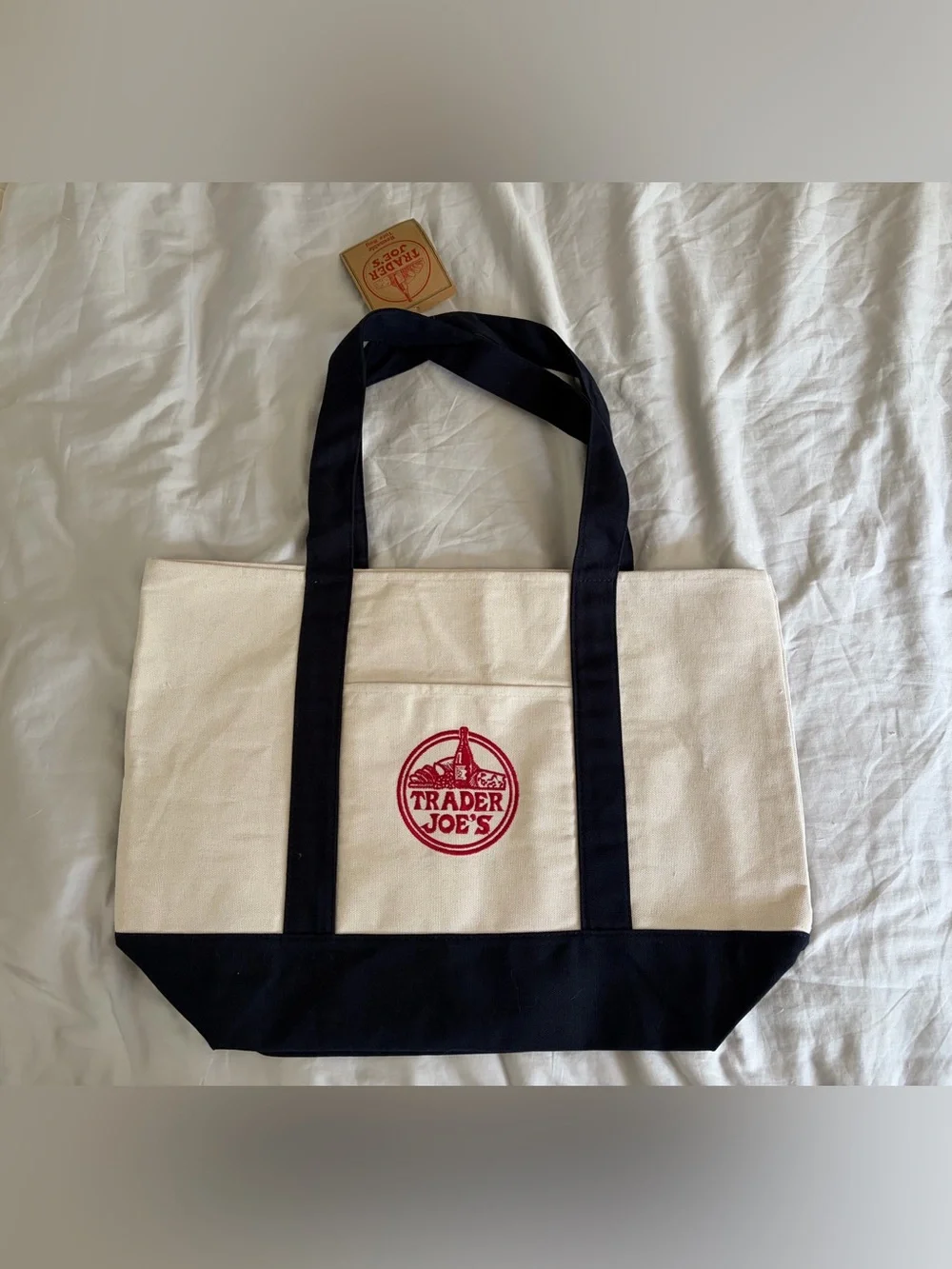 Trader Joe’s Large Canvas Tote Bag in Natural and Black with Red Logo